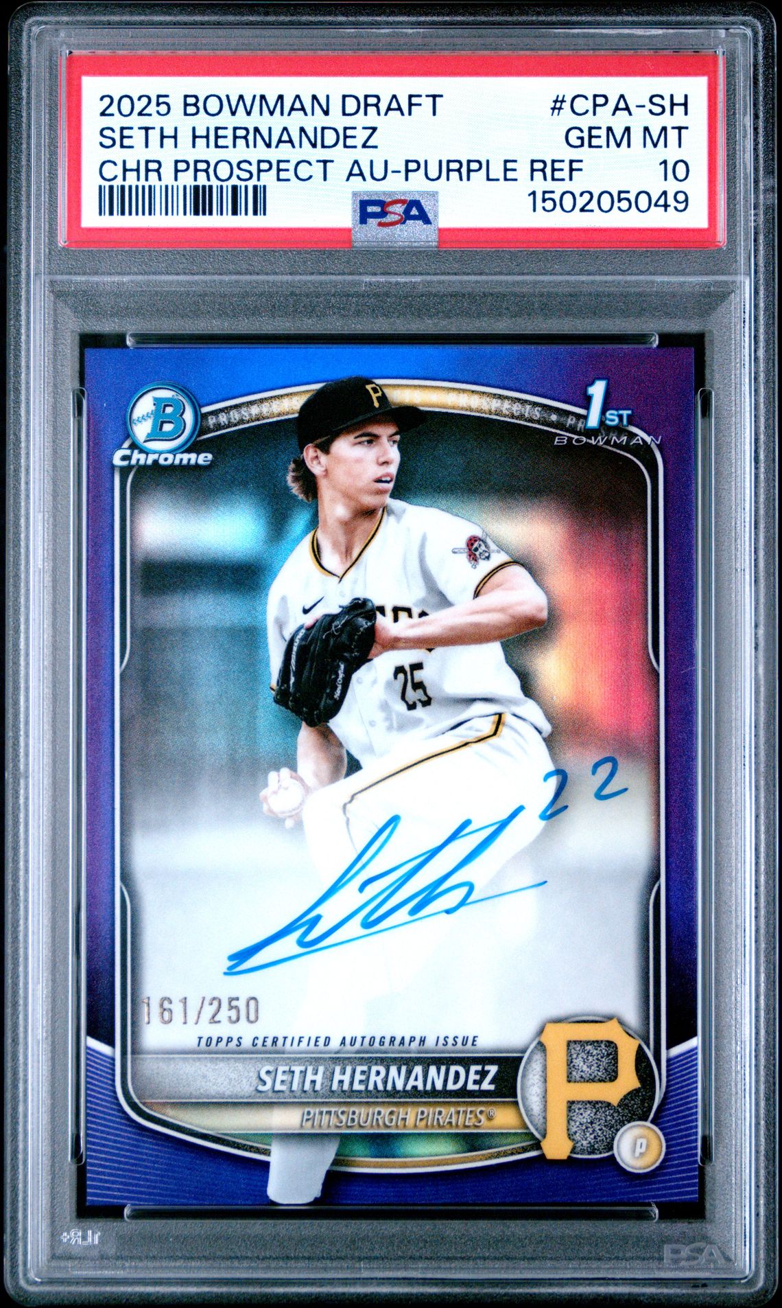 2025 Bowman BOWMAN DRAFT CHROME PROSPECT AUTOGRAPHS CHR PROSPECT AU-PURPLE REF #CPA-SH Seth Hernandez front