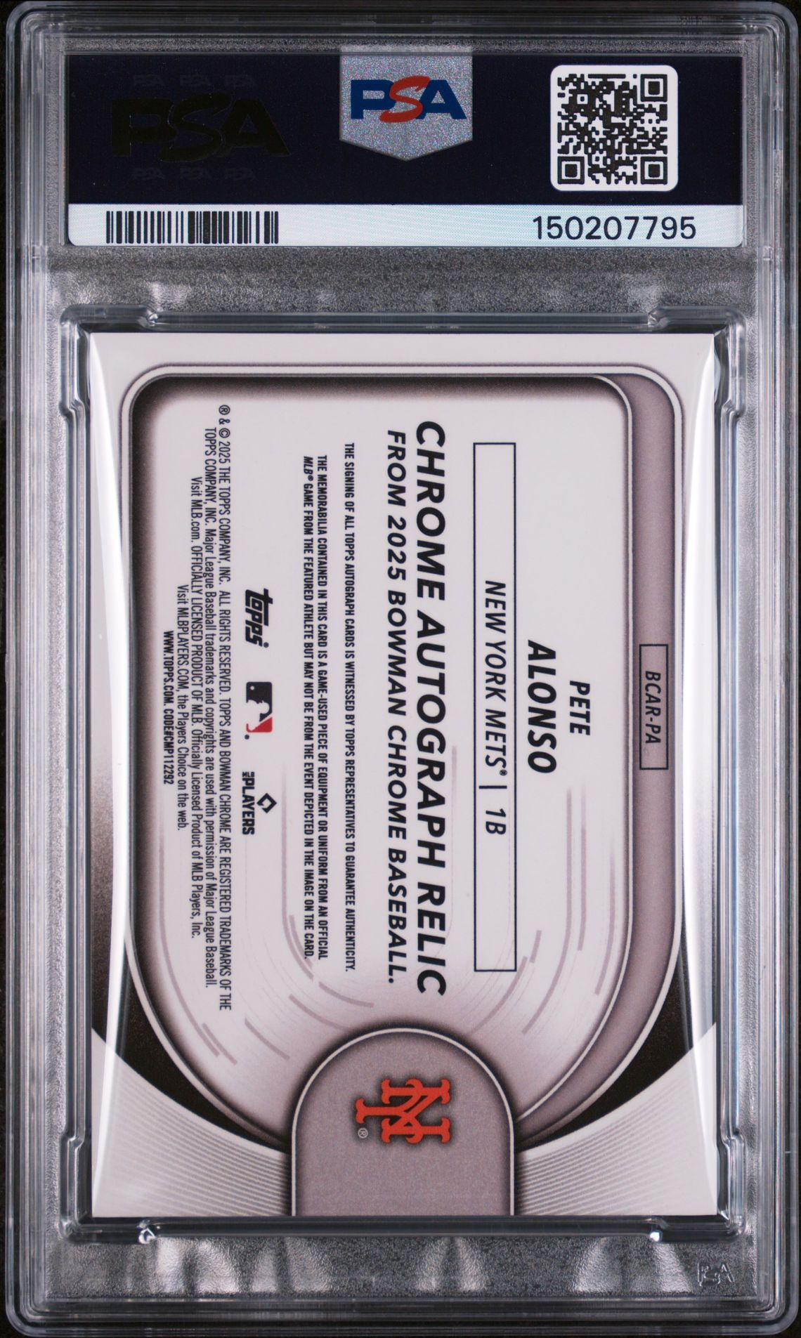 2025 Bowman Chrome Chrome Autograph Relics Pete Alonso #Bcar-Pa (Chrome Auto Relics-Gold Ref) Mint 9 back