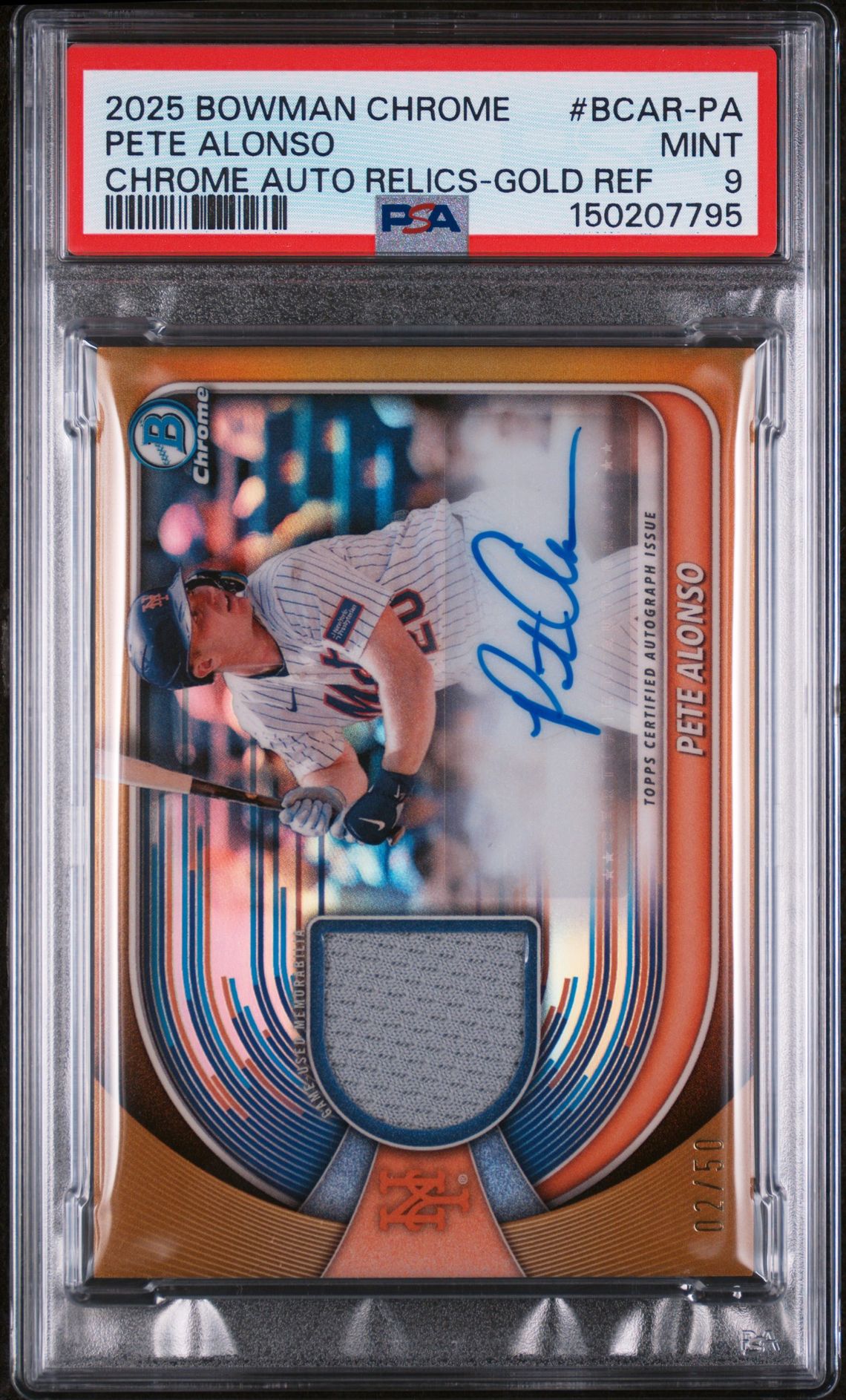 2025 Bowman Chrome Chrome Autograph Relics Pete Alonso #Bcar-Pa (Chrome Auto Relics-Gold Ref) Mint 9 front