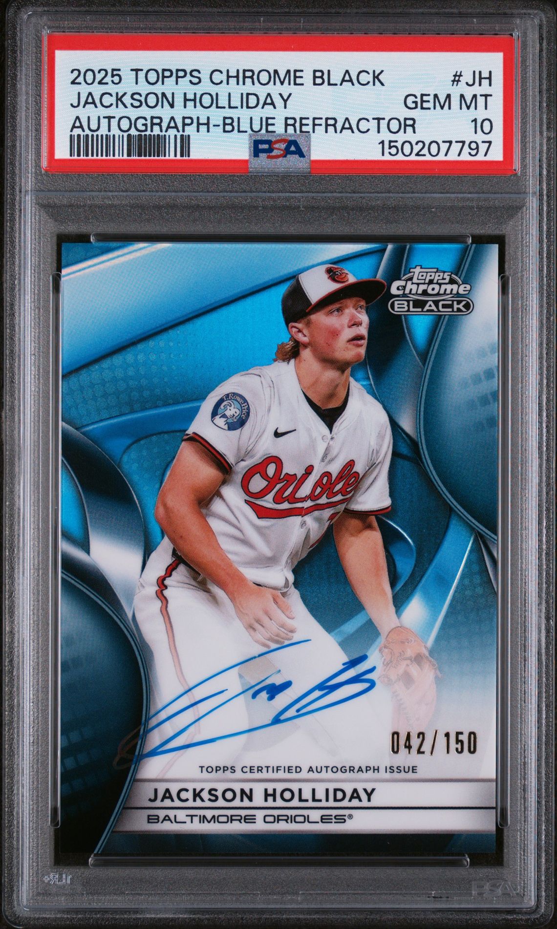 2025 Topps Chrome Black Autographs Jackson Holliday #Jh (Autograph-Blue Refractor) Gem Mt 10 front