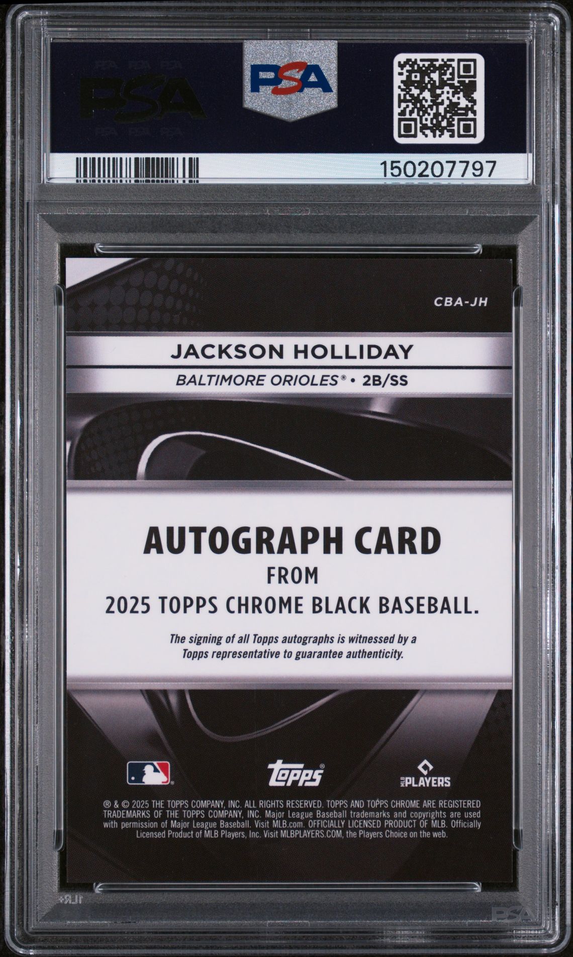 2025 Topps Chrome Black Autographs Jackson Holliday #Jh (Autograph-Blue Refractor) Gem Mt 10 back