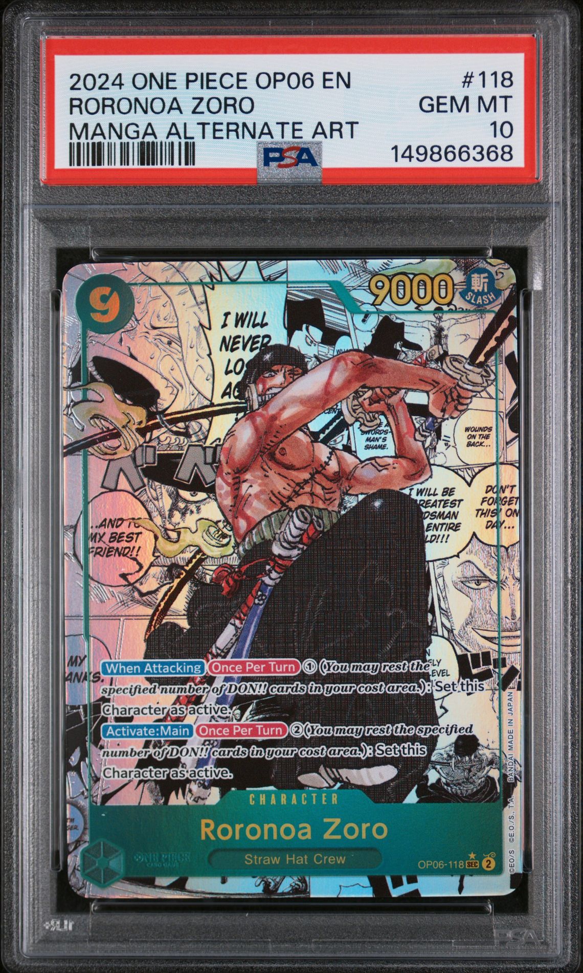 2024 One Piece ONE PIECE OP06-WINGS OF THE CAPTAIN Alt Art #118 Roronoa Zoro front