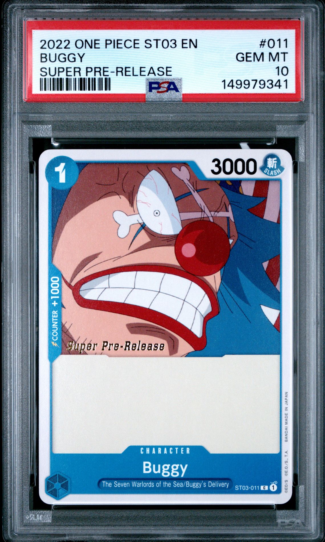 2022 One Piece ONE PIECE STARTER DECK ST03-THE SEVEN WARLORDS OF THE SEA SUPER PRE-RELEASE #011 Buggy front