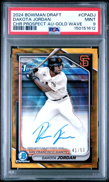 2024 Bowman BOWMAN DRAFT CHROME PROSPECT AUTOGRAPHS CHR PROSPECT AU-GOLD WAVE #CPADJ Dakota Jordan front