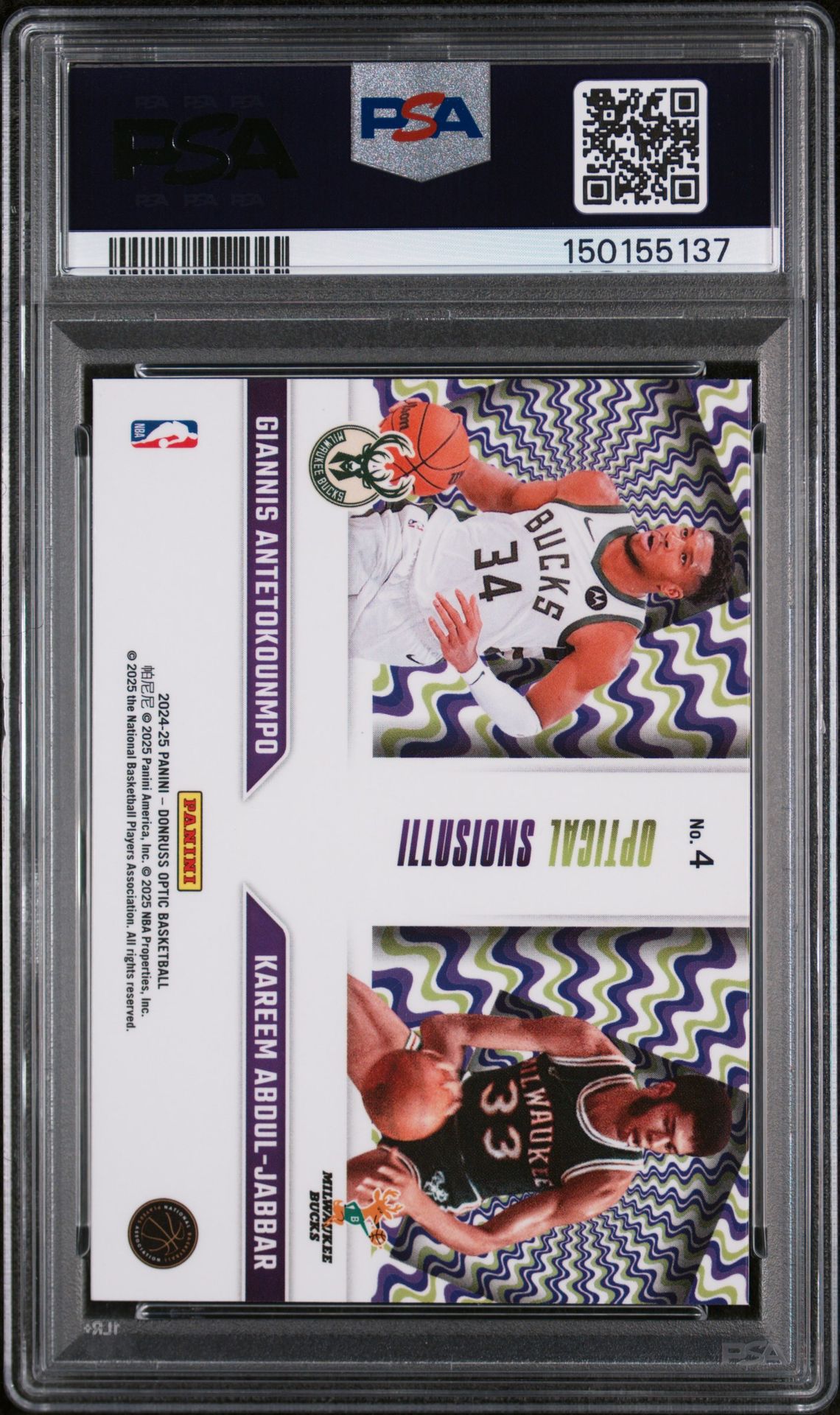 2024 Panini Donruss Optic Optical Illusions Antetknmpo/Abdl-Jabbr #4 Gem Mt 10 back view - PSA certificate #150155137