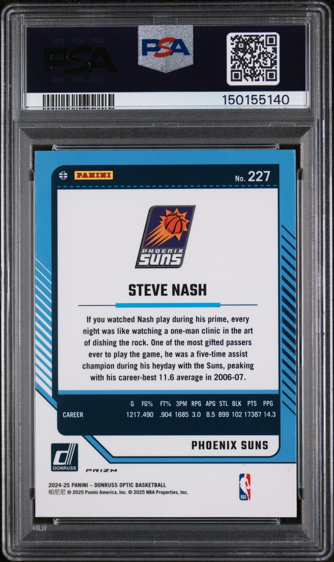 2024 Panini Donruss Optic Steve Nash #227 (Pink Hyper) Gem Mt 10 back view - PSA certificate #150155140