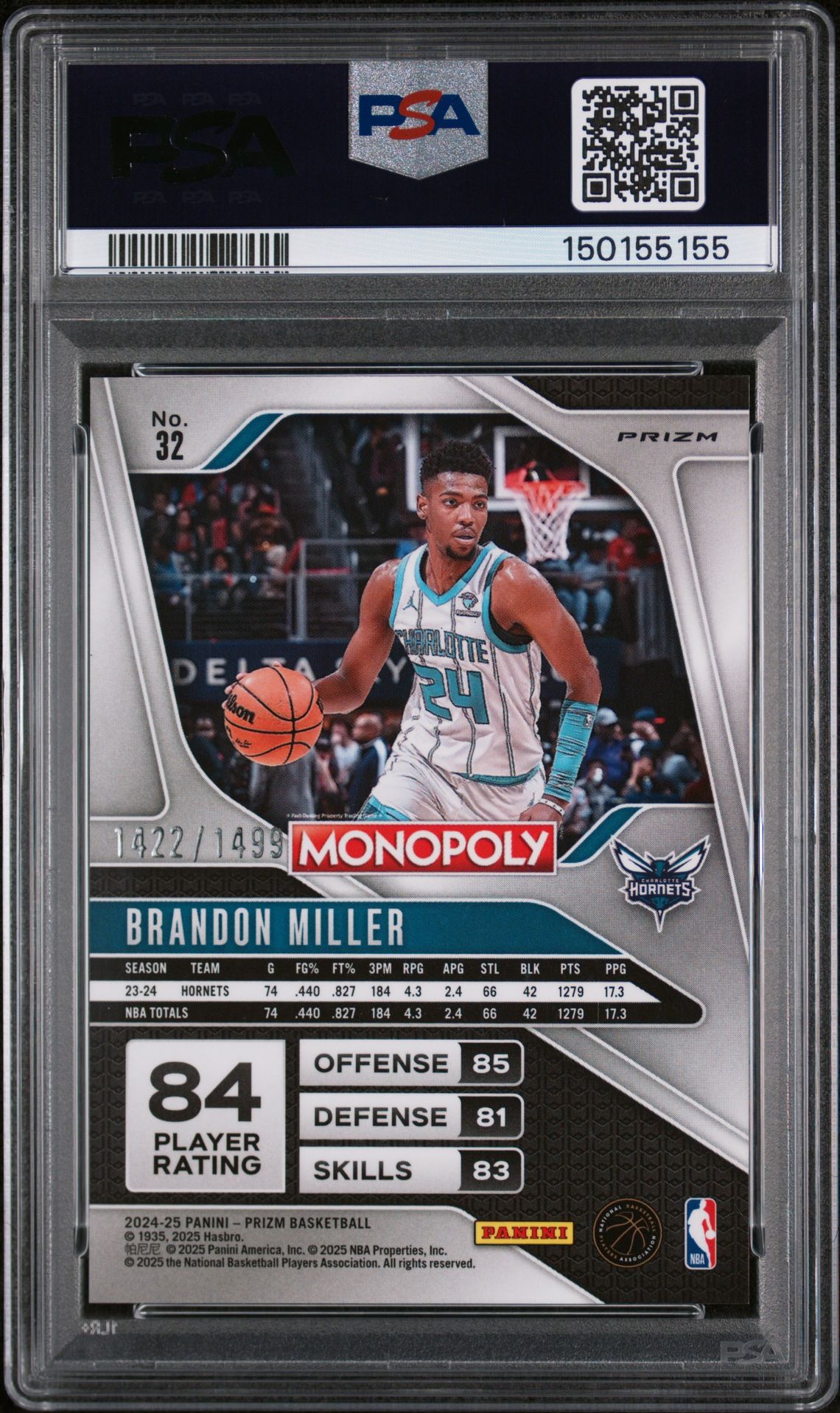 2024 Panini Prizm Monopoly Brandon Miller #32 (Millionaire Club) Gem Mt 10 back