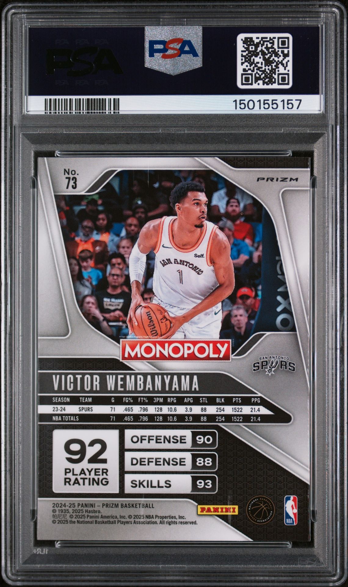 2024 Panini Prizm Monopoly Victor Wembanyama #73 (White Cracked Ice) Gem Mt 10 back view - PSA certificate #150155157