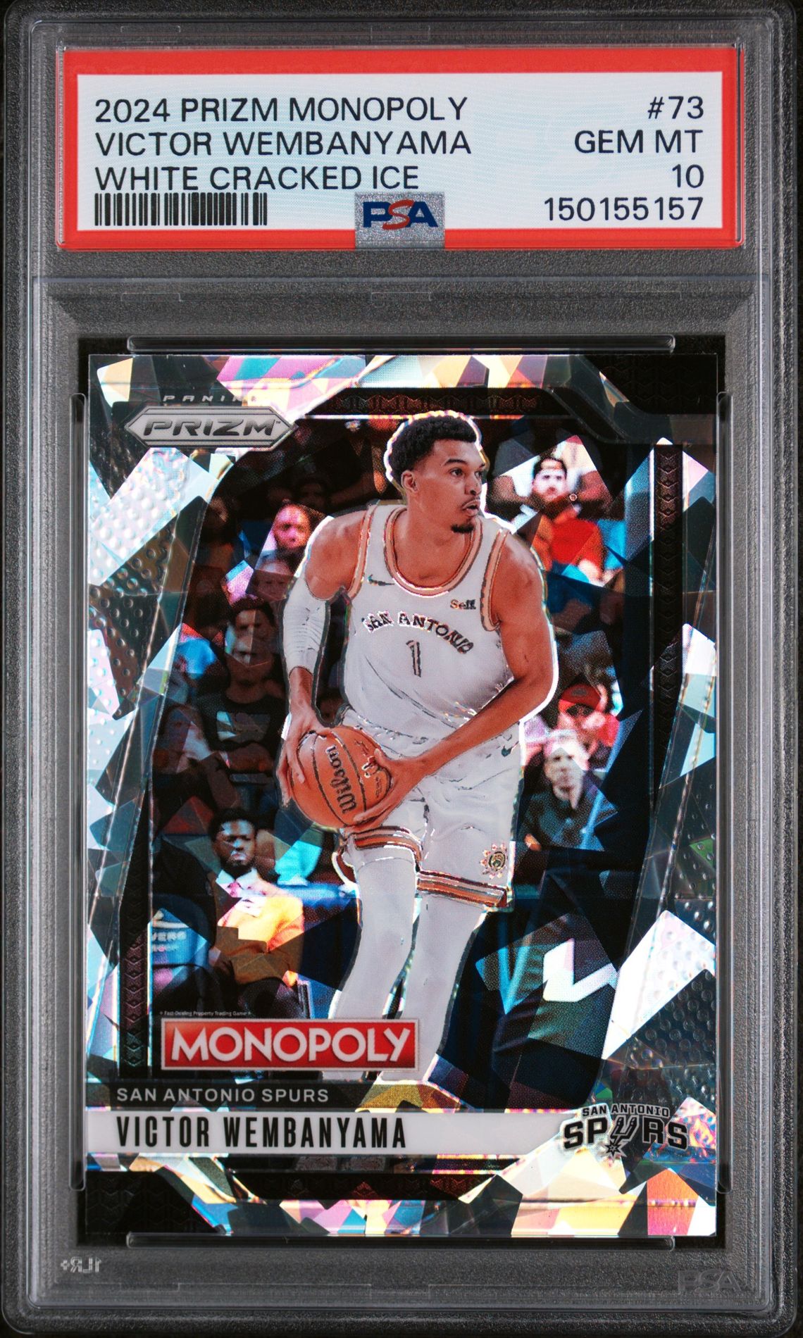 2024 Panini Prizm Monopoly Victor Wembanyama #73 (White Cracked Ice) Gem Mt 10 front view - PSA graded GEM MT 10
