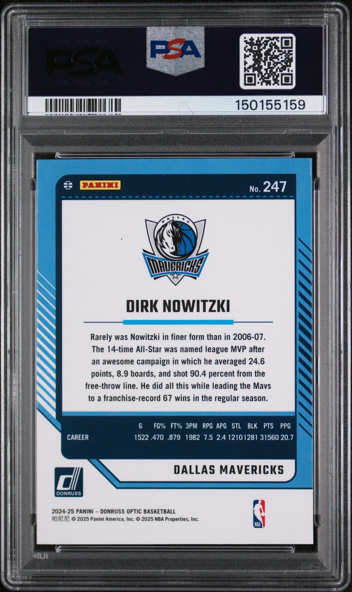 2024 Panini Donruss Optic Dirk Nowitzki #247 Gem Mt 10 back view - PSA certificate #150155159