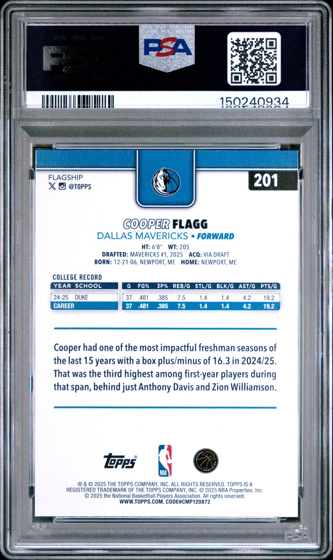 2025 Topps Cooper Flagg #201 Gem Mt 10 back view - PSA certificate #150240934