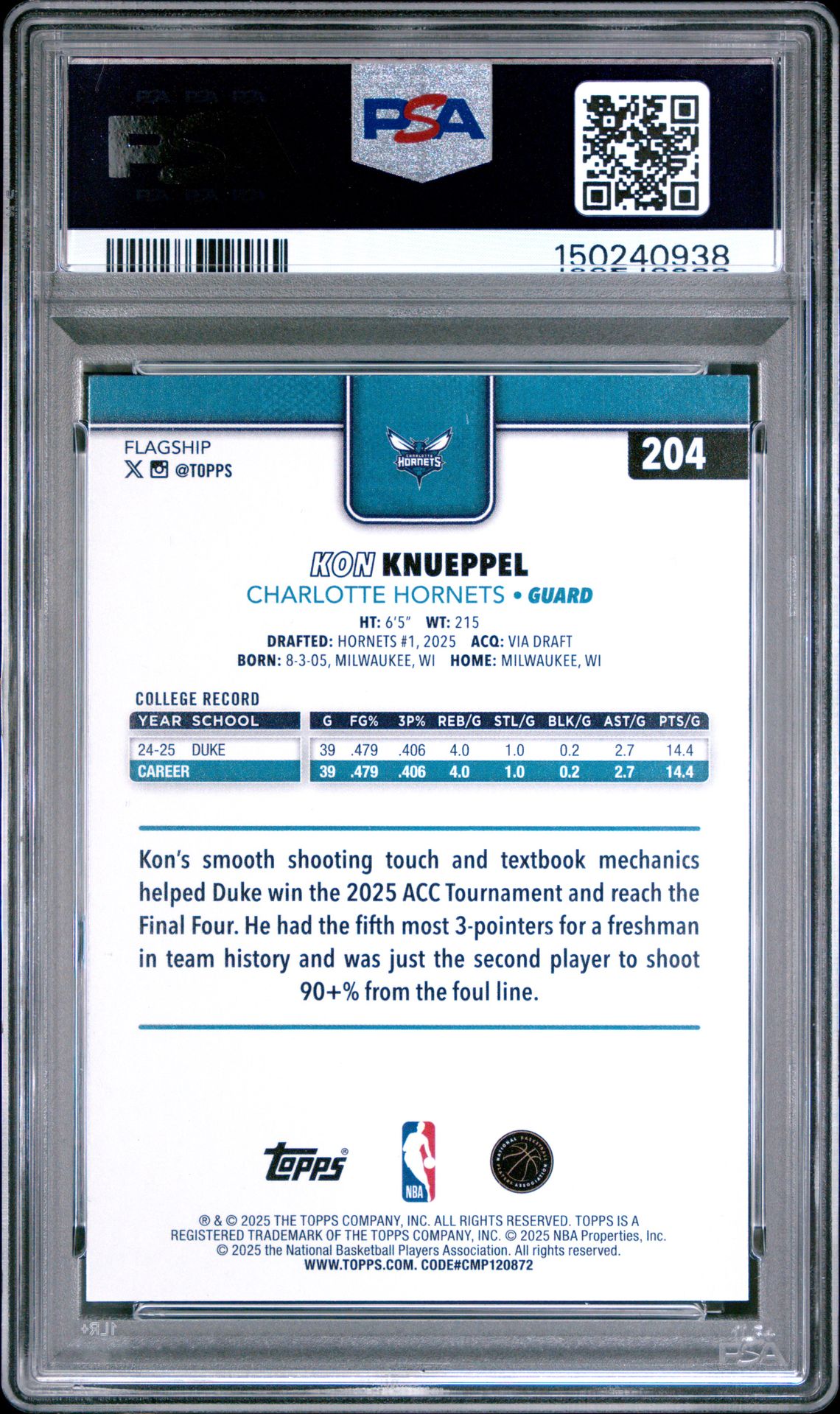 2025 Topps Kon Knueppel #204 Gem Mt 10 back view - PSA certificate #150240938