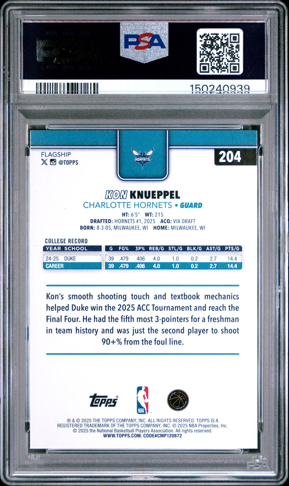 2025 Topps Kon Knueppel #204 Gem Mt 10 back