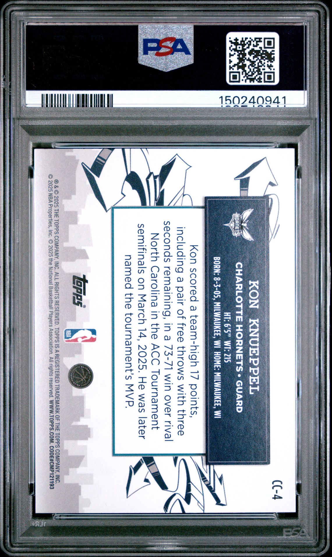 2025 TOPPS CLUTCH CITY PROSPECTS KON KNUEPPEL  CC-4 GEM MT 10 back