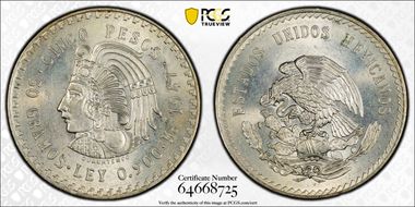 1947-Mo 5 Peso Cuauhtemoc KM-465 Ag MS65