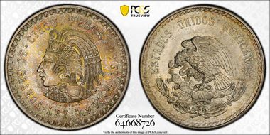 1948-Mo 5 Peso Cuauhtemoc KM-465  Ag MS66