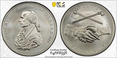 (2019) Medal James Madison "1809" Silver Matte Finish MS69