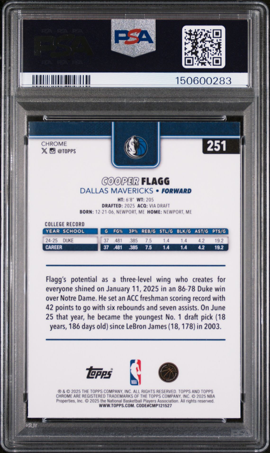 2025 Topps Chrome Cooper Flagg #251 Mint 9 back
