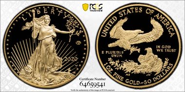 2020-W $50 Gold Eagle - v75 Privy 1 of 1945 Struck PR69DCAM