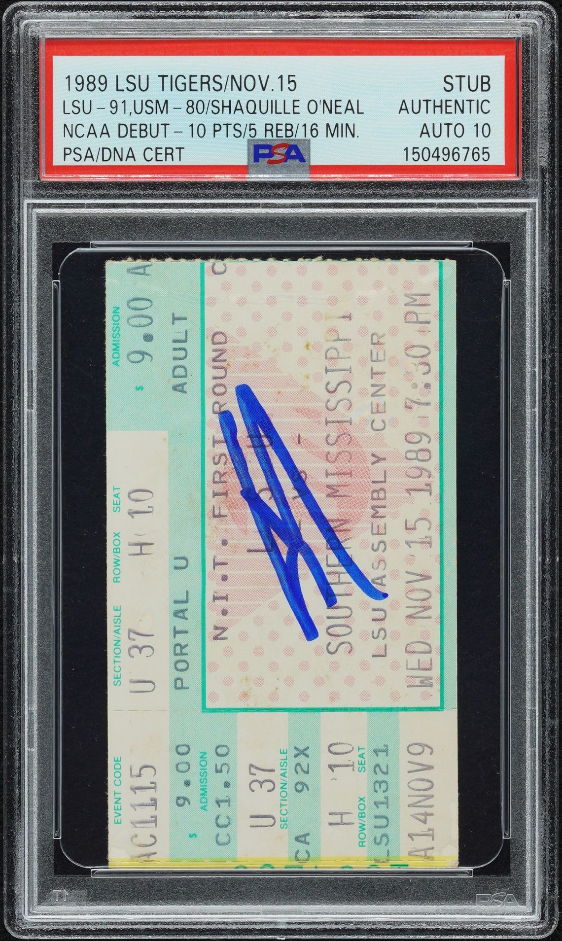 Signed PSA Authentic ticket stub from Shaquille O'Neal's LSU debut, 15 November 1989, LSU versus Southern Mississippi, cert 150496765
