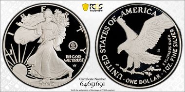 2025-S $1 Silver Eagle w/ U.S. Navy Privy 250th Anniversary PR69DCAM