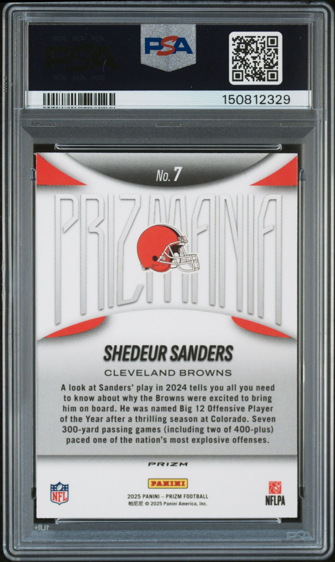 2025 Panini Prizm Prizmania Shedeur Sanders #7 Gem Mt 10 back view - PSA certificate #150812329
