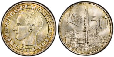 1958 50 Fr BELGEN  ↑↑ KM-151.2 Ag MS66