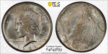 1921 $1 High Relief, Peace MS64