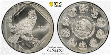 2001-Mo 5 Peso Crowned Harpy Eagle KM-653 MS68