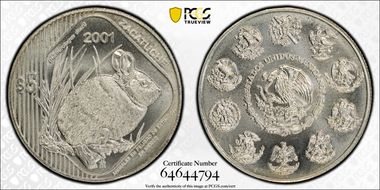 2001-Mo 5 Peso Volcano Rabbit KM-660 Ag MS68