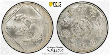 2000-Mo 5 Peso Neotropical River Otter KM-656 Ag MS68
