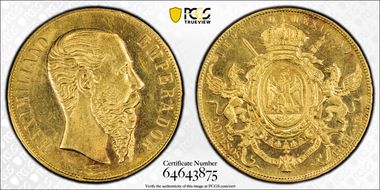 1866-Mo 20 Peso Maximilian KM-389  Au MS63