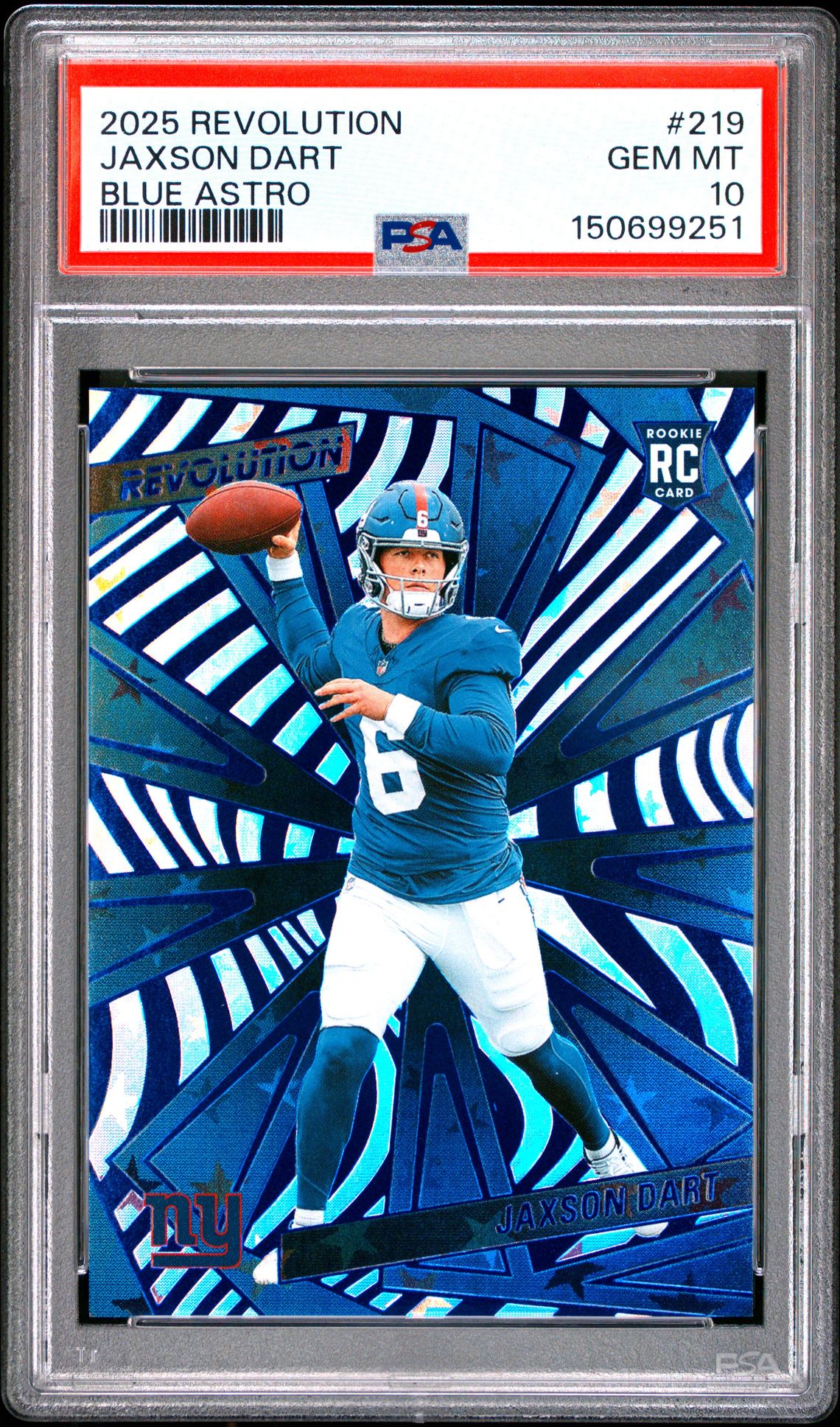 2025 Panini Revolution Jaxson Dart #219 (Blue Astro) Gem Mt 10 front view - PSA graded GEM MT 10