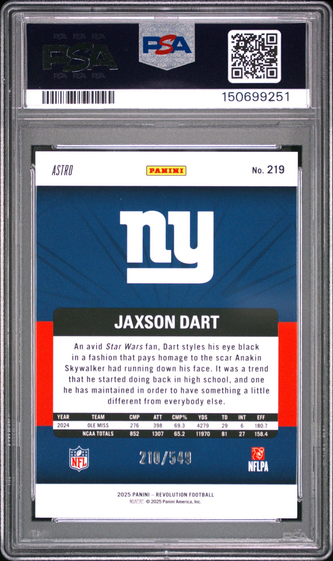 2025 Panini Revolution Jaxson Dart #219 (Blue Astro) Gem Mt 10 back view - PSA certificate #150699251