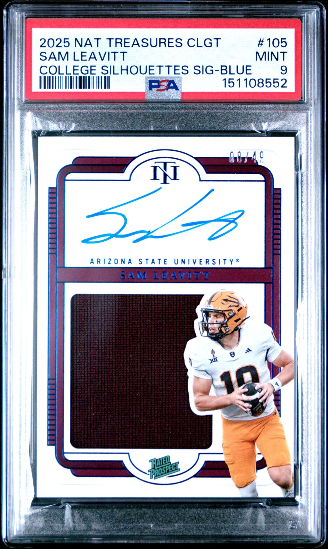 2025 Panini PANINI NATIONAL TREASURES COLLEGIATE COLLEGE SILHOUETTES SIG-BLUE #105 Sam Leavitt front