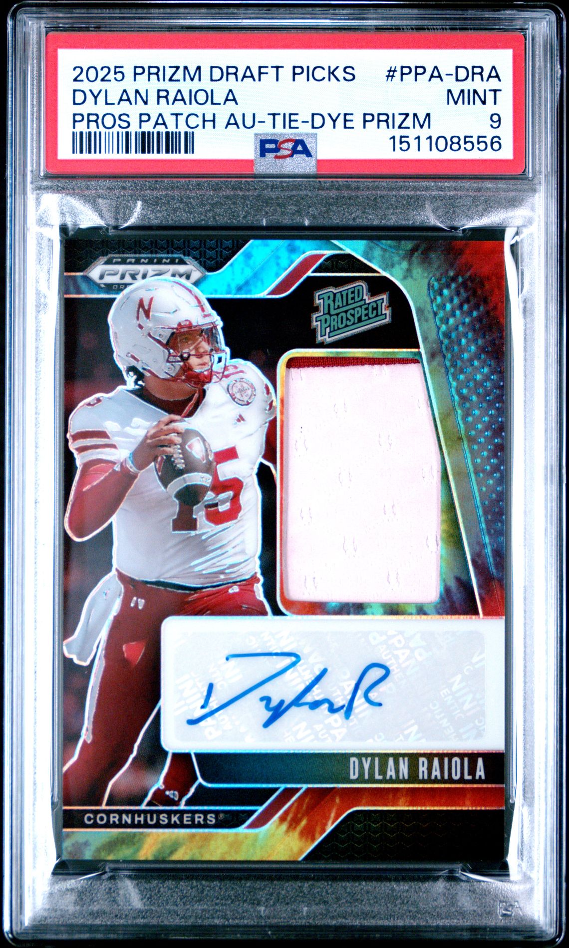 2025 Panini PANINI PRIZM DRAFT PICKS PROSPECTS PATCH AUTOGRAPHS PROS PATCH AU-TIE-DYE PRIZM #PPA-DRA Dylan Raiola front