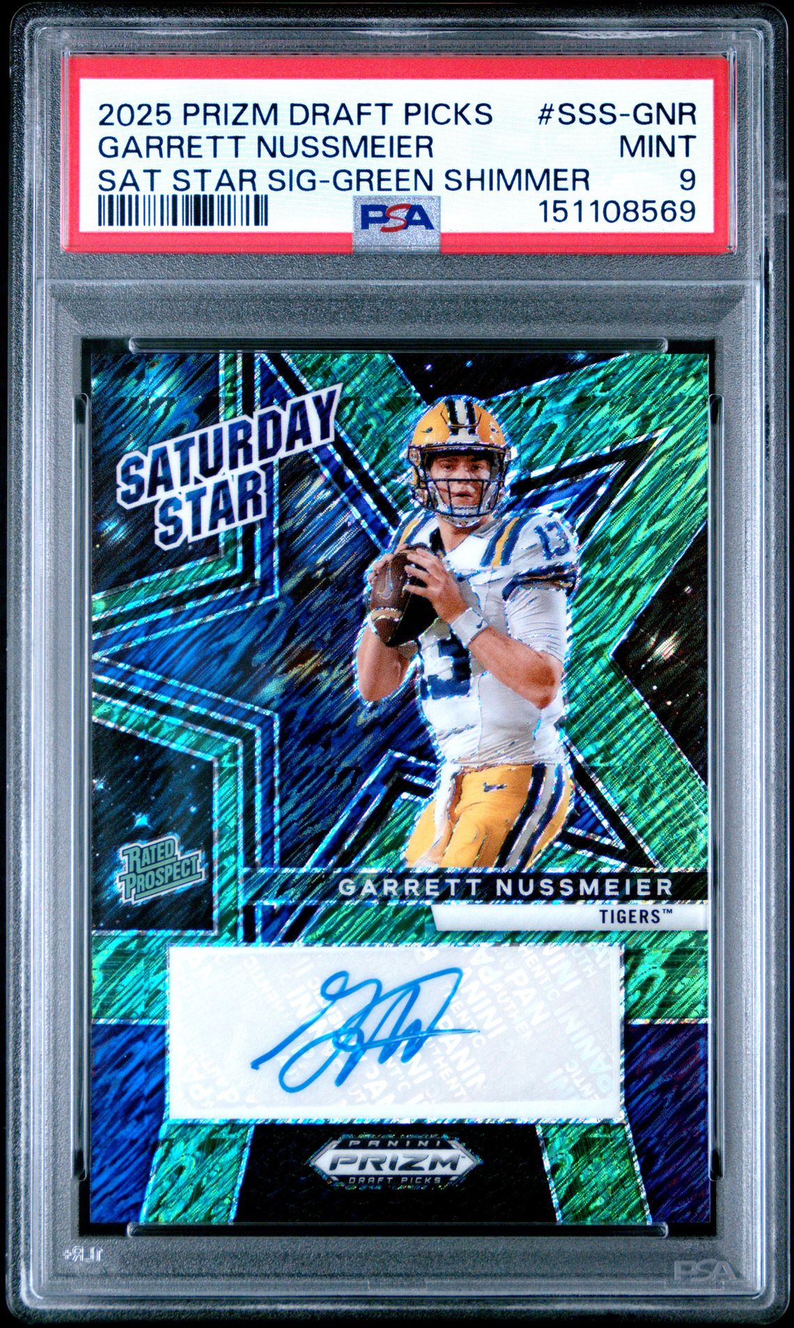 2025 Panini PANINI PRIZM DRAFT PICKS SATURDAY STAR SIGNATURES SAT STAR SIG-GREEN SHIMMER #SSS-GNR Garrett Nussmeier front