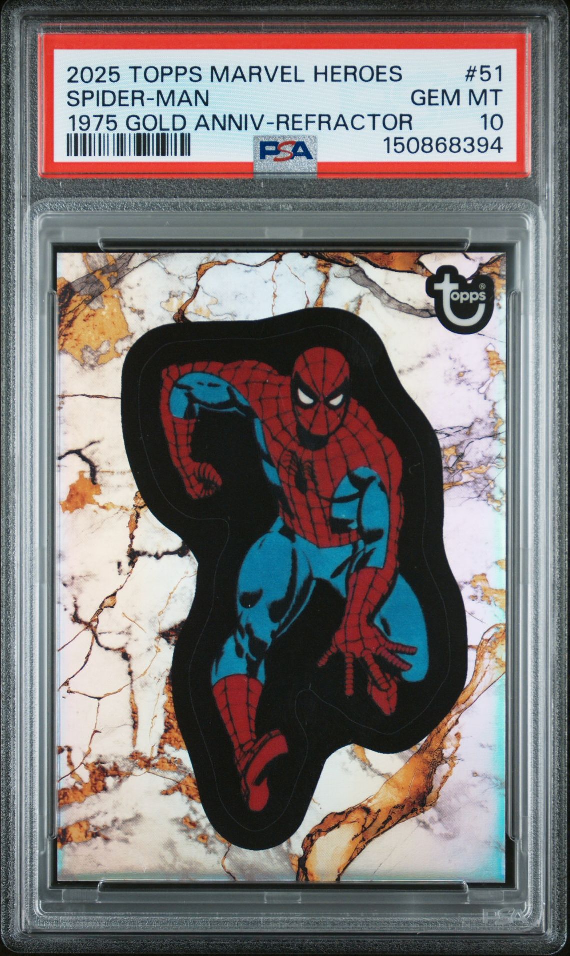 2025 Topps TOPPS MARVEL COMIC BOOK HEROES 1975 GOLD ANNIVERSARY REFRACTOR #51 Spider-Man front