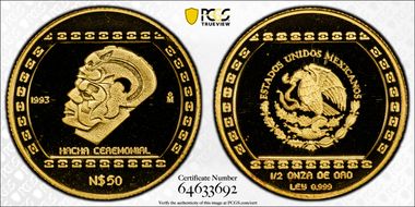 1993-Mo 50 Peso Hacha Ceremonial PR68DCAM