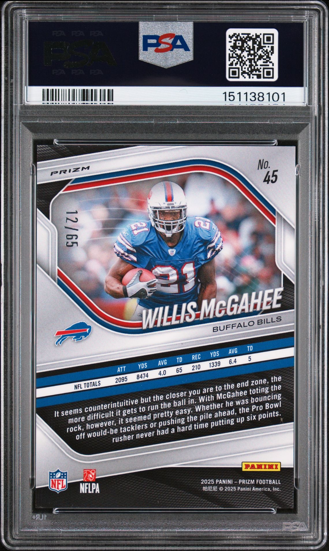 2025 Panini Prizm Willis Mcgahee #45 (Orange Wave) Gem Mt 10 back