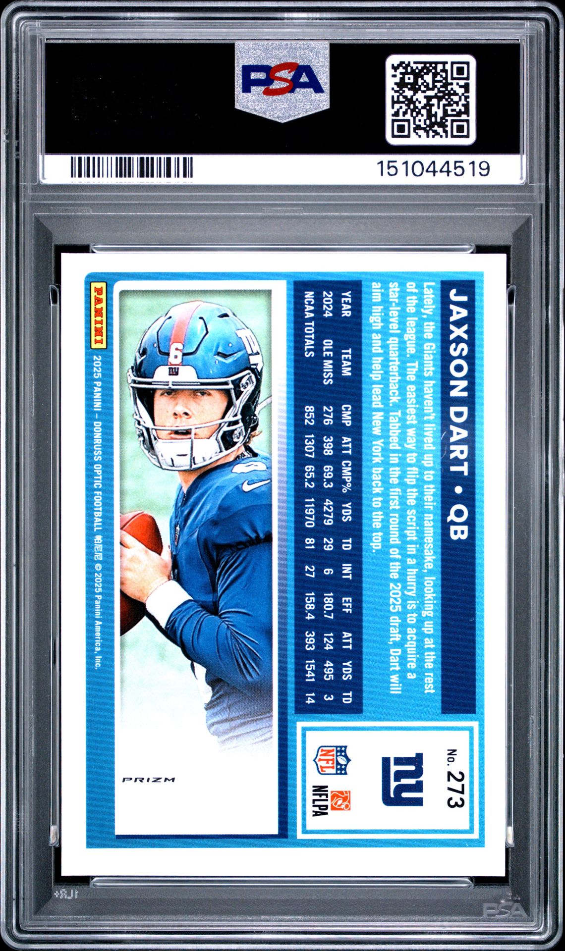 2025 Panini Donruss Optic Jaxson Dart #273 (Purple Shock) Mint 9 back