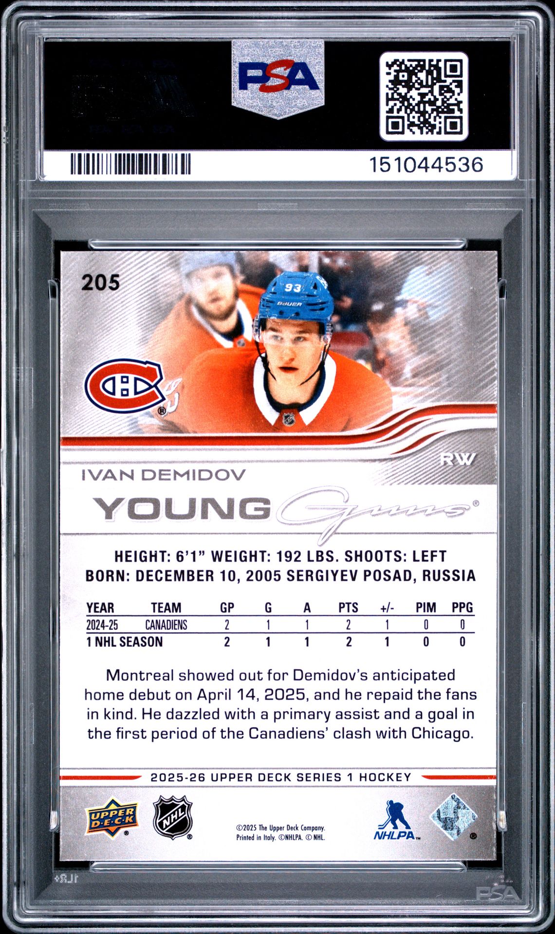 2025 Upper Deck Ivan Demidov #205 Gem Mt 10 back