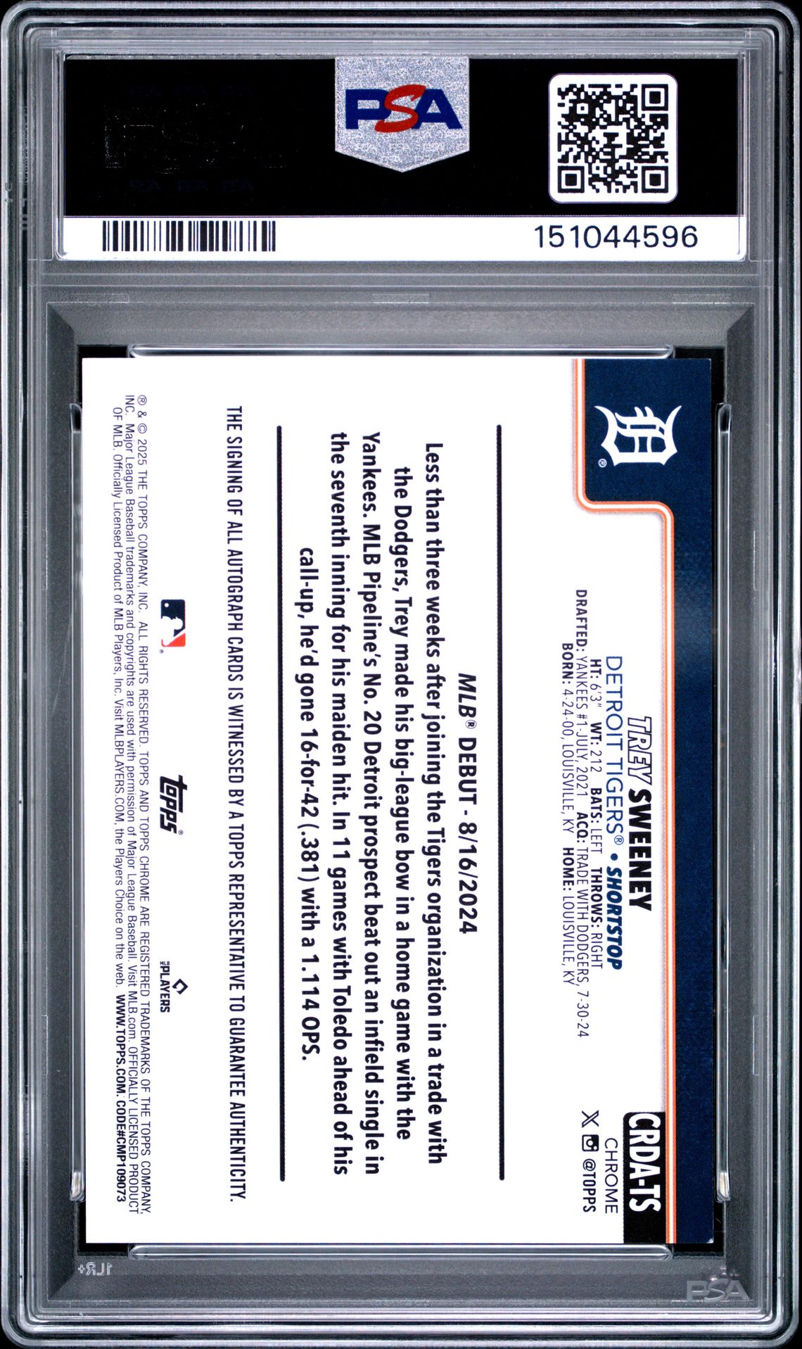 2025 Topps Chrome Update Rookie Debut Autographs Trey Sweeney #Ts (Rk Debut Auto-Blue Raywave) Mint 9 back
