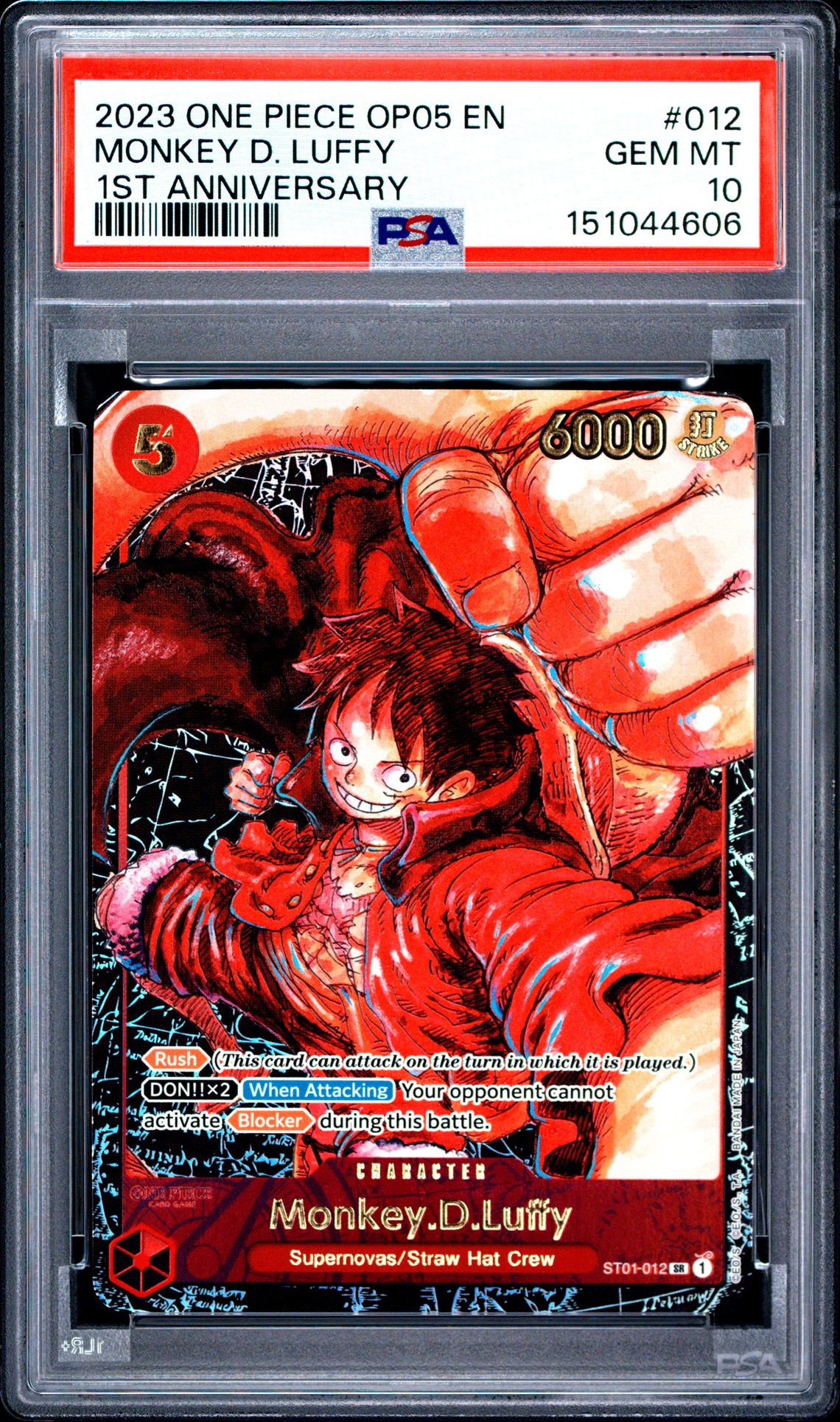 2023 One Piece Op05-Awakening Of The New Era Monkey D. Luffy #012 (1St Anniversary) Gem Mt 10 front