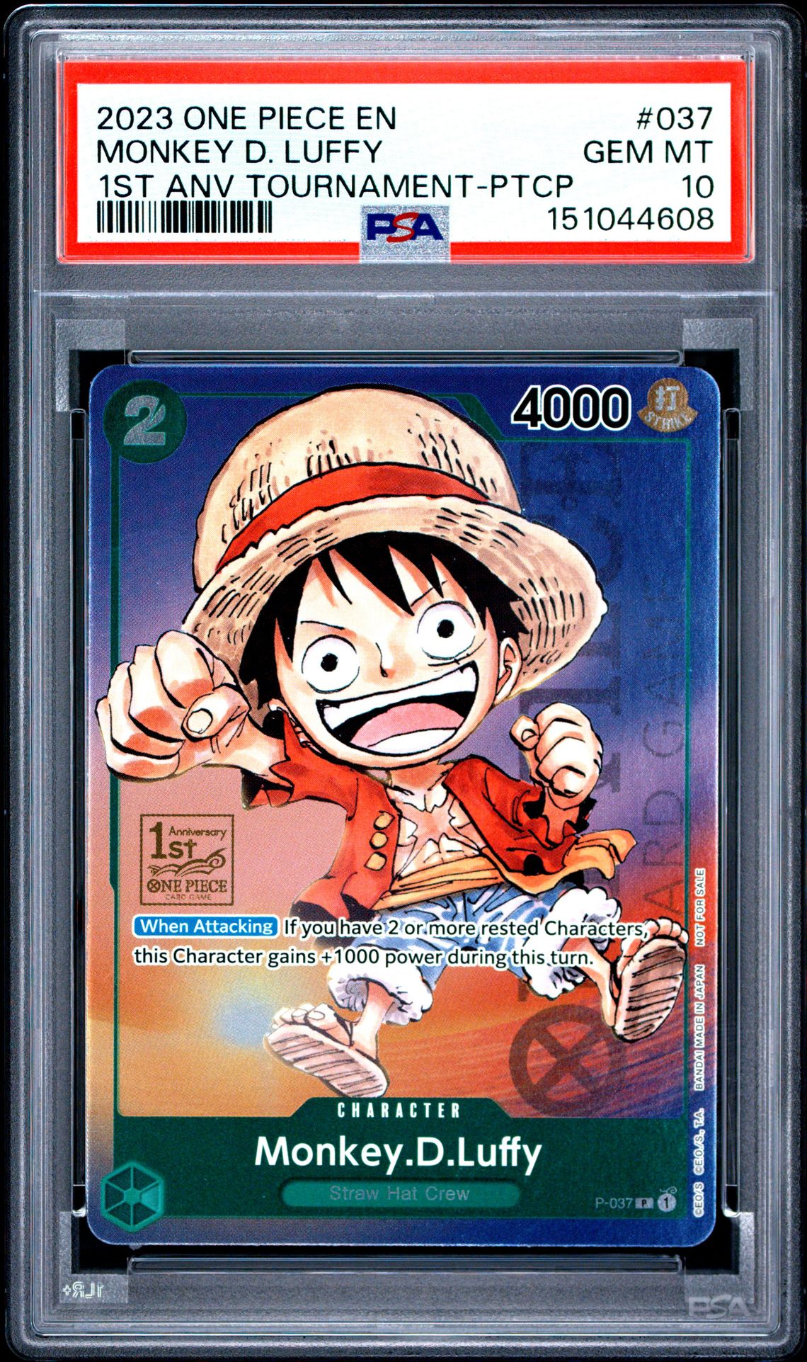 2023 One Piece Promos Monkey D. Luffy #037 (1St Anv Tournament-Ptcp) Gem Mt 10 front