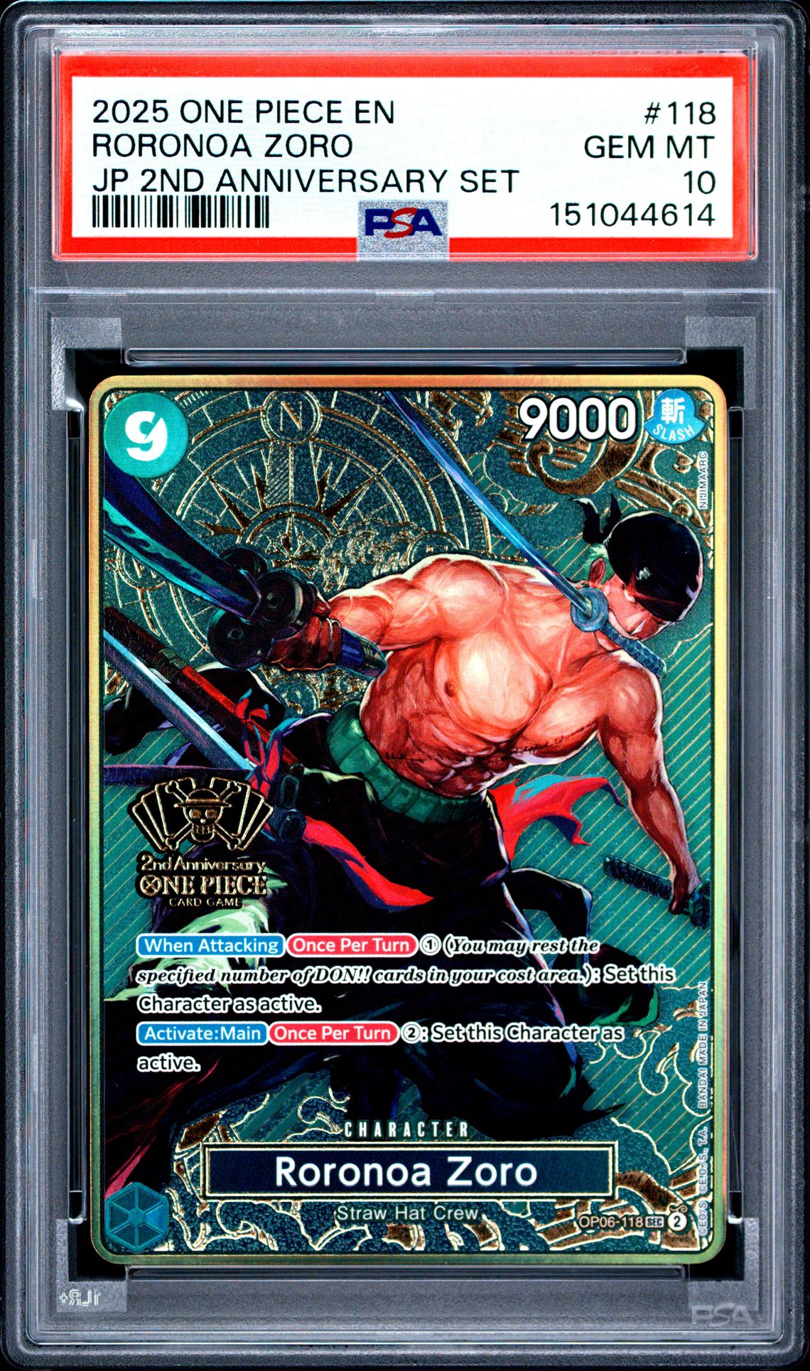 2025 One Piece Japanese 2Nd Anniversary Set Roronoa Zoro #118 Gem Mt 10 front