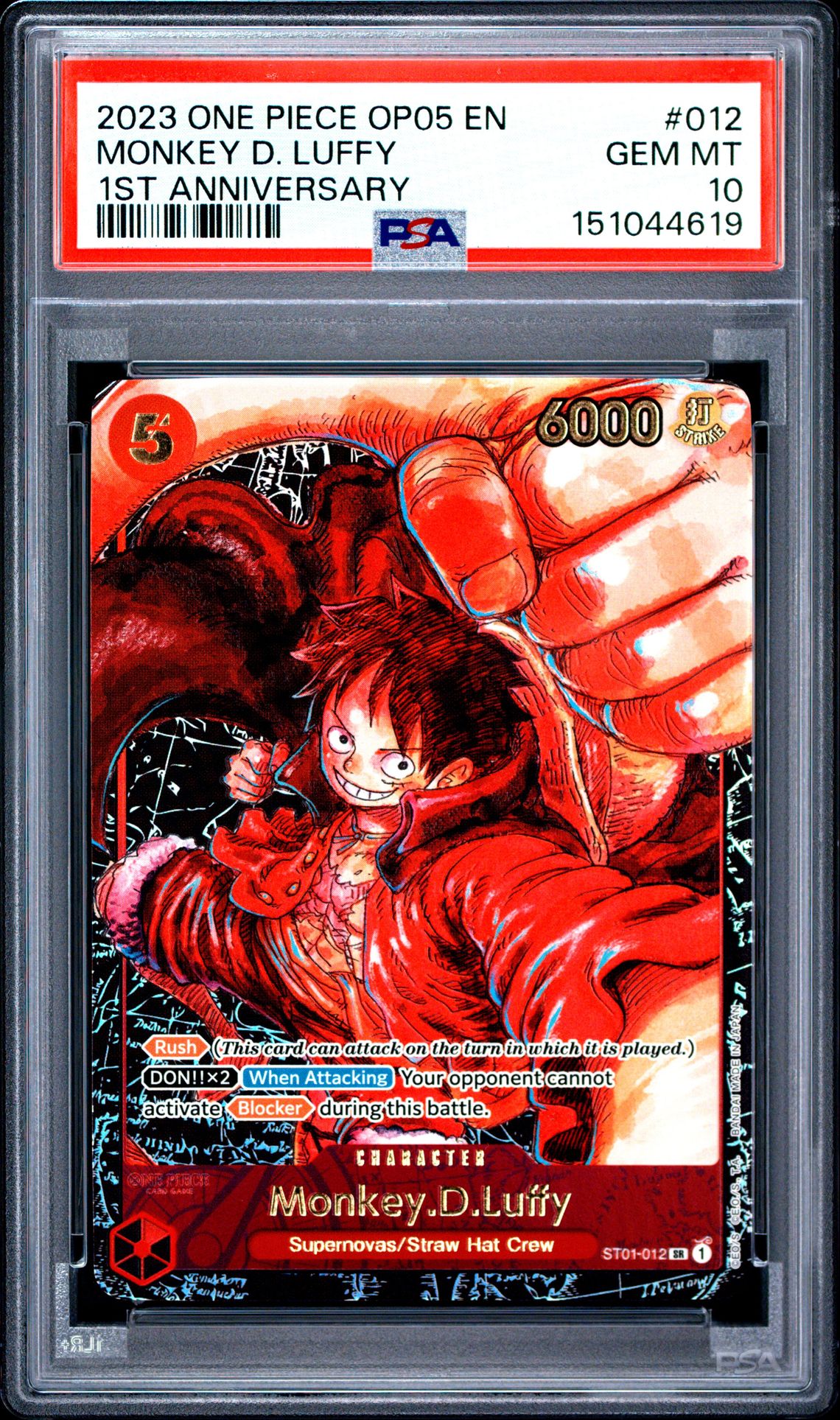 2023 One Piece Op05-Awakening Of The New Era Monkey D. Luffy #012 (1St Anniversary) Gem Mt 10 front