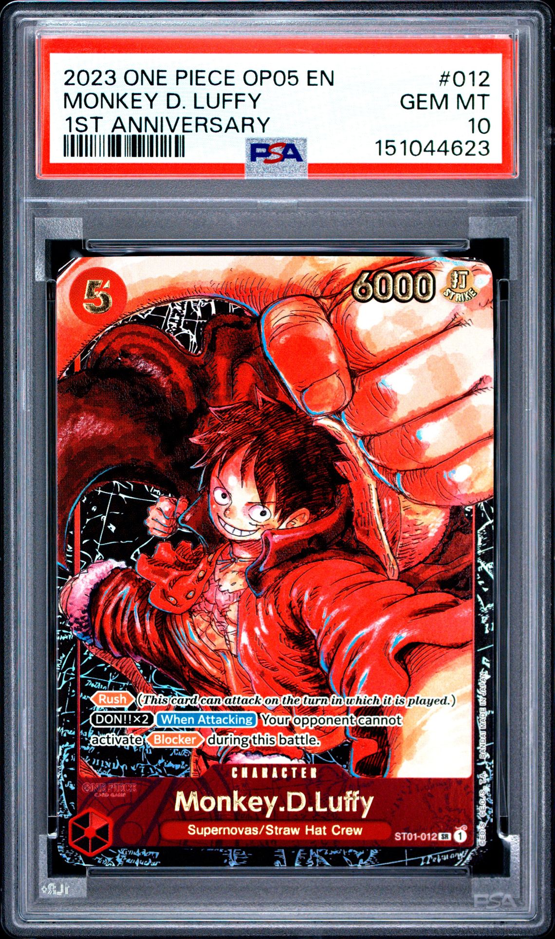 2023 One Piece Op05-Awakening Of The New Era Monkey D. Luffy #012 (1St Anniversary) Gem Mt 10 front