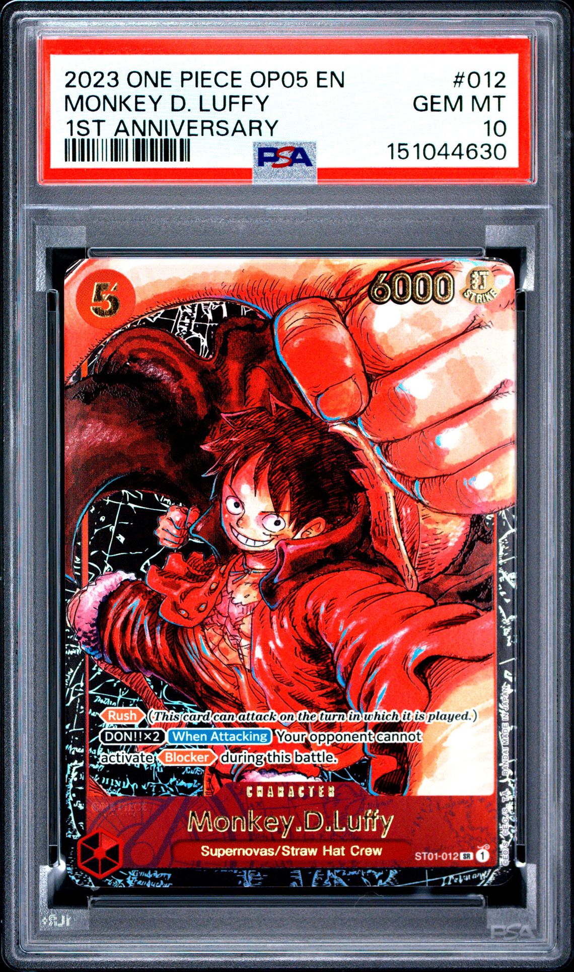 2023 One Piece Op05-Awakening Of The New Era Monkey D. Luffy #012 (1St Anniversary) Gem Mt 10 front