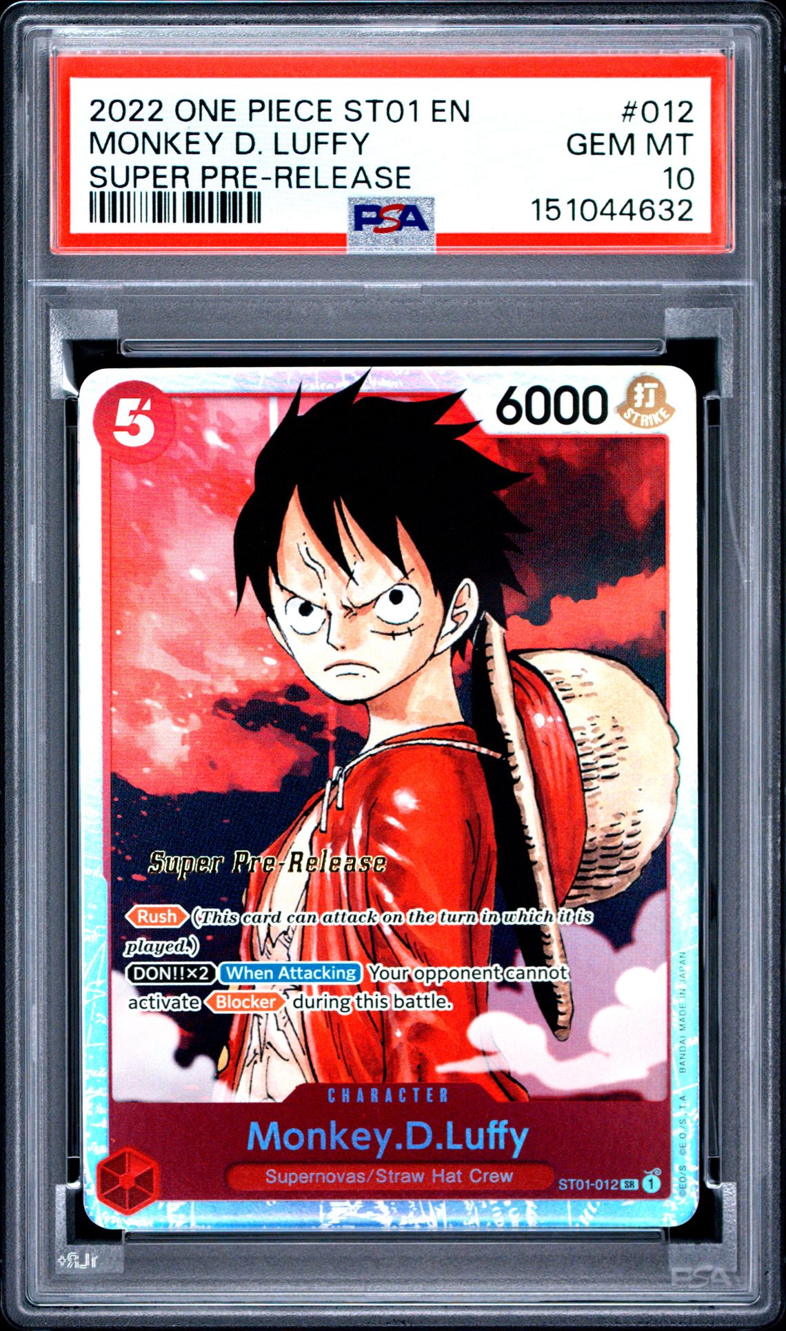 2022 One Piece Starter Deck St01-Straw Hat Crew Monkey D. Luffy #012 (Super Pre-Release) Gem Mt 10 front